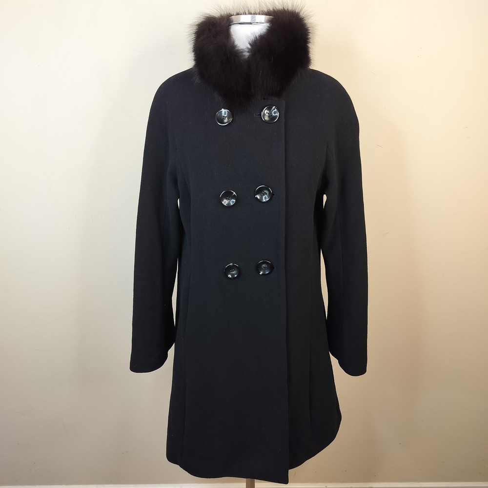 1 Madison Wool Cashmere Coat Womens Fur Trim Button Up Peacoat Classic Black
